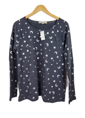 NWT Ann Taylor LOFT Navy midnight silver stars & moon print women's Top Size M