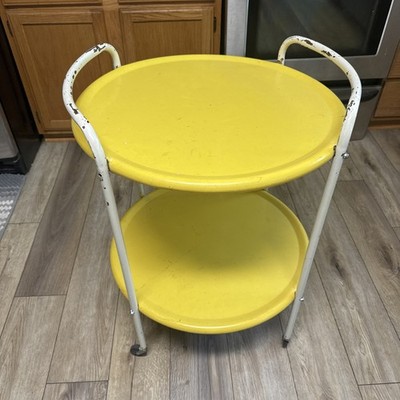 Vintage Mid Century Modern Yellow Round 2 Tier Rolling Metal Stand 1960's
