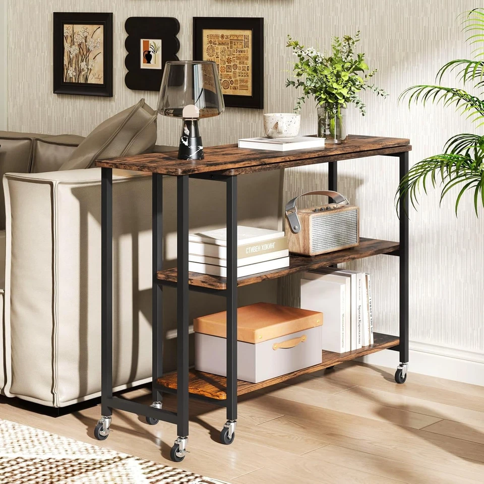 Mesa auxiliar giratoria 360 almacenamiento de 2 niveles marrón rústico 40x12 pulgadas Foto 3 de 4