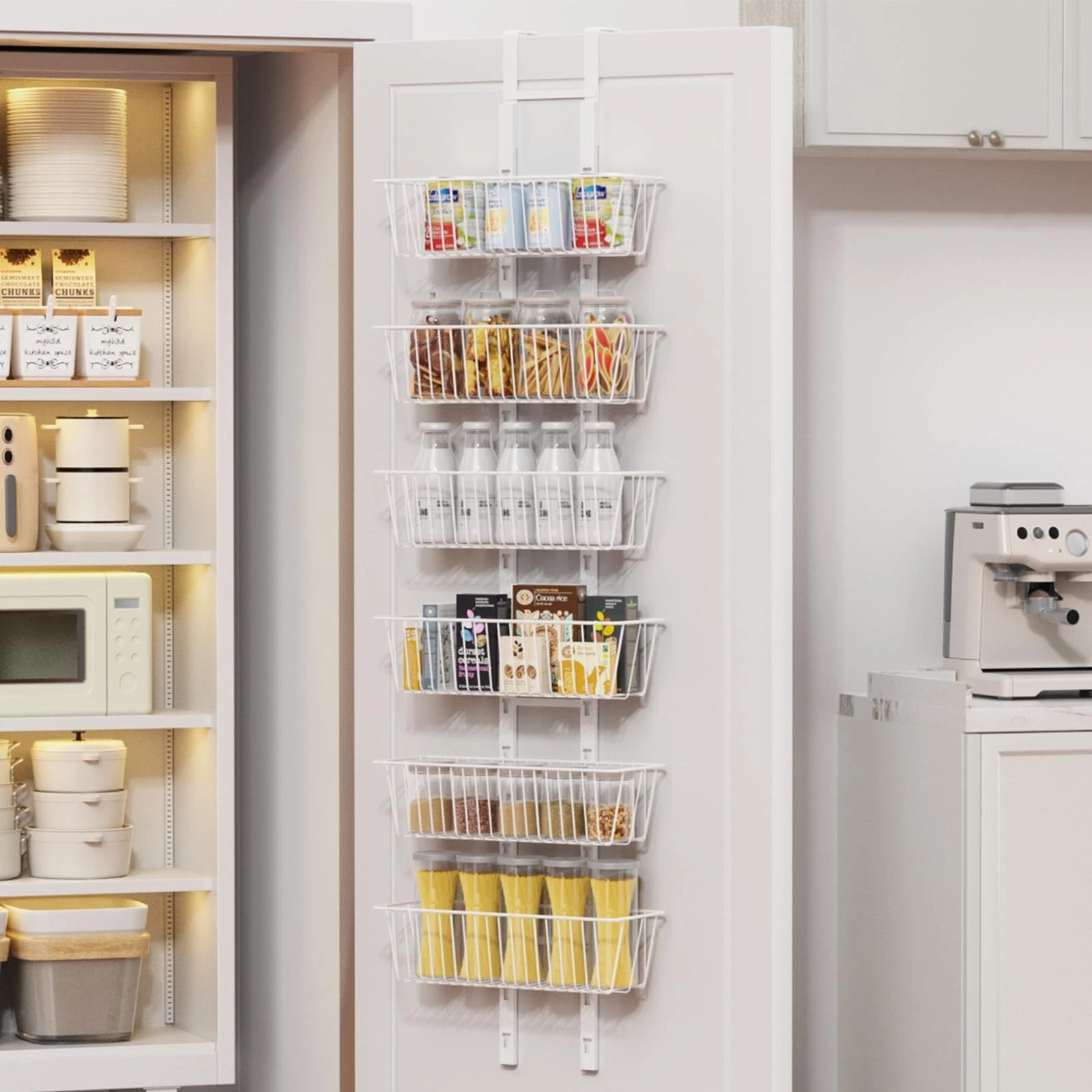 6 Tier Over the Door Pantry Organizer, Foldable Metal Over the Door Hanging S...