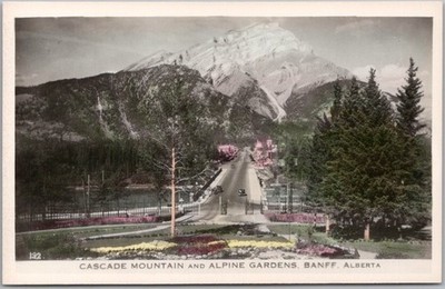 1940s BANFF, Alberta Canada RPPC Postcard ''CASCADE MOUNTAIN and ALPINE GARDENS''