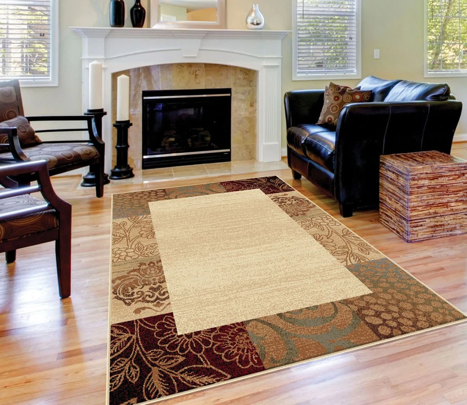 Ivories Border Blocks Country & Floral Area Rug Damask Bordered Flower Carpet - Image 3 of 3