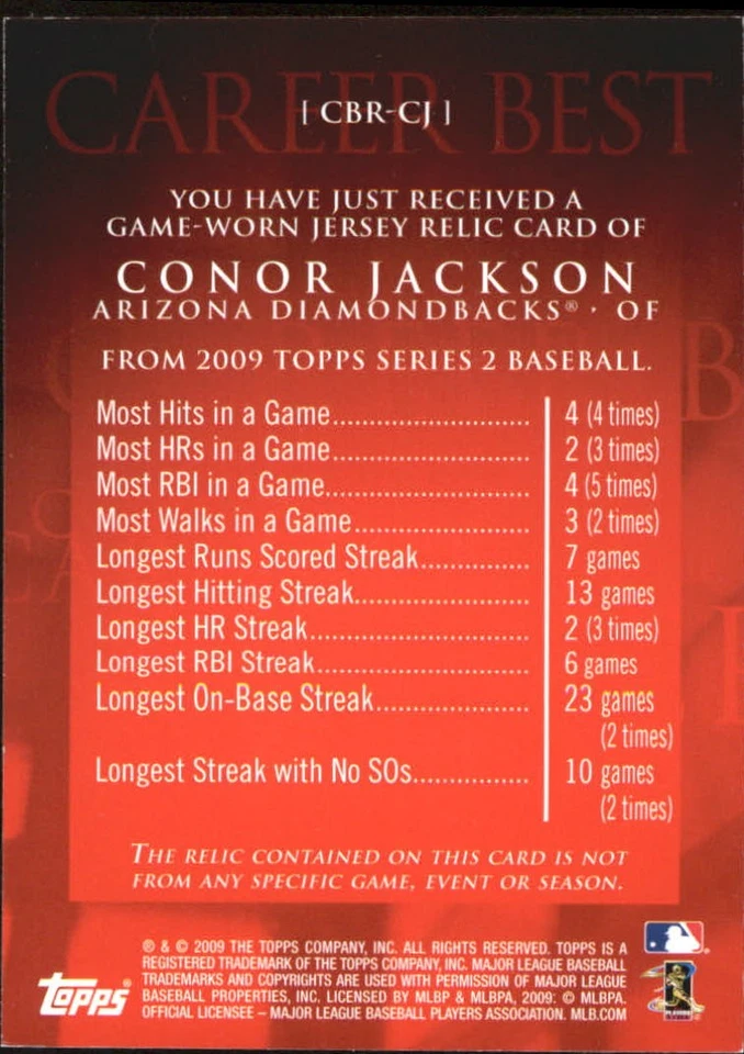 2009 Topps Career Best Relics #CJ Conor Jackson B2 Jersey Card - Image 2 of 2