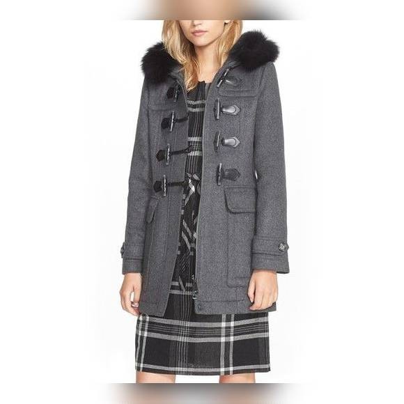 Burberry Brit Blackwell Grey Wool Fur-Trim Duffle Coat, Size US 8