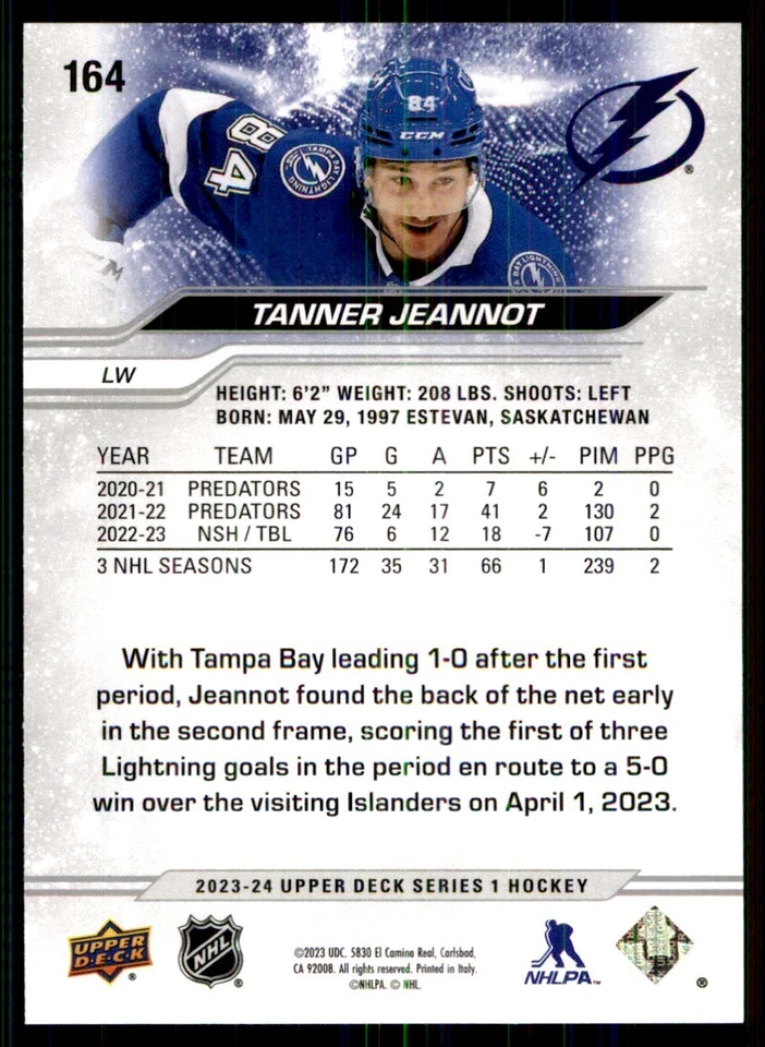 2023-24 Upper Deck Series 1 Tanner Jeannot RC Tampa Bay Lightning #164 - Image 2 of 2