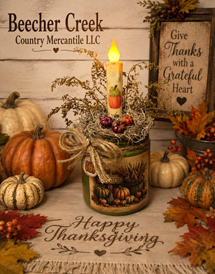 Handmade Primitive Country Fall Pumpkin Thanksgiving LED Candle Jar Decor