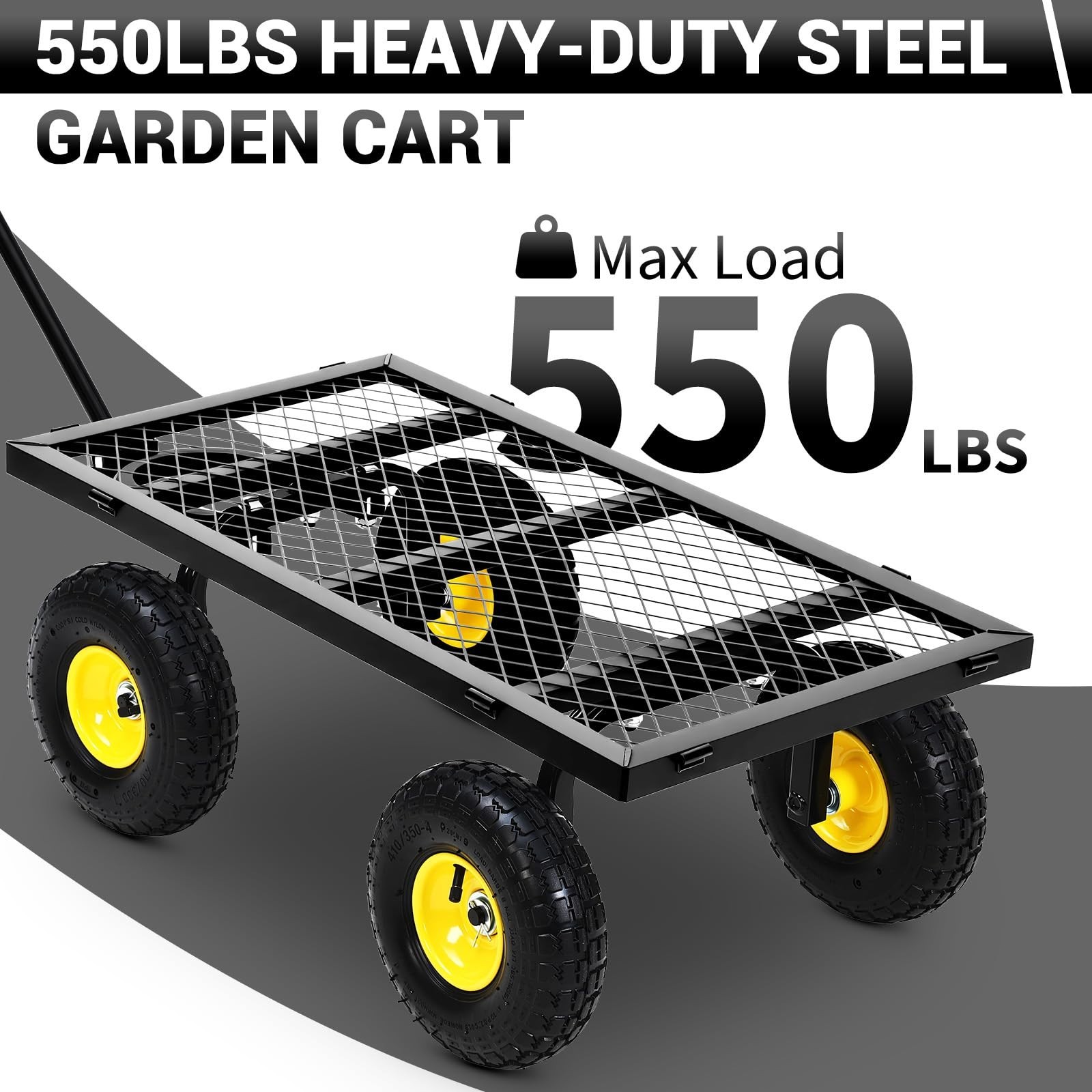 550 Lbs Steel Garden Cart, Utility Wagon with 10" Wheels, Removable Mesh Sides
