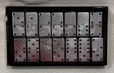 Metal Surface Dominoes Set Double 6 - Classic Black Domino's Game Silver EUC!