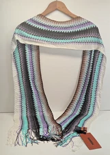 NEW! MISSONI STRIPED FRINGE SCARF SCIARPA BLACK PURPLE BROWN SILVER 9" X 76"