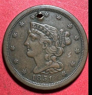 1851 US Classic Half Cent! Low Mintage 148K! XF & "Holed"! Old US Coin!