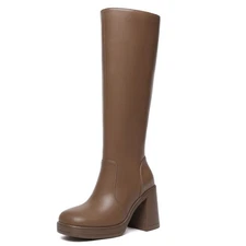 Athlefit Tan Boots Knee High Boots for Women Chunky High Heeled Boots Square Toe