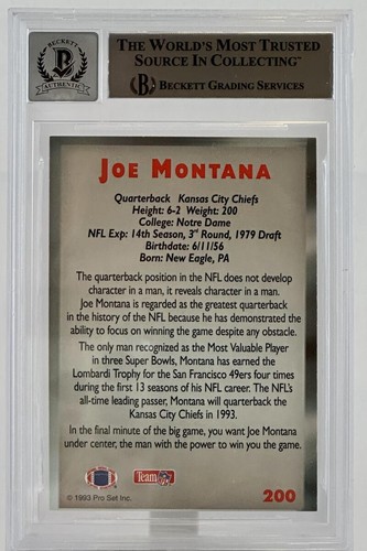 1993 Power Pro Set #200 Joe Montana Auto Kansas City Chiefs BGS Autograph 10 - Picture 2 of 7