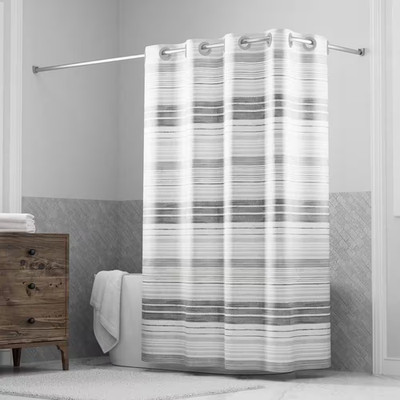 Hookless Shower Curtain Faux Silk Stripe Gray With Built In Rings Fabric Liner