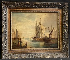 c1900 DUTCH SCHOOL SAILBOATS MOORED IN HARBOUR ANTIQUE OIL PAINTING