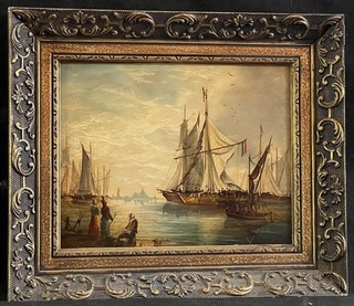 c1900 DUTCH SCHOOL SAILBOATS MOORED IN HARBOUR ANTIQUE OIL PAINTING