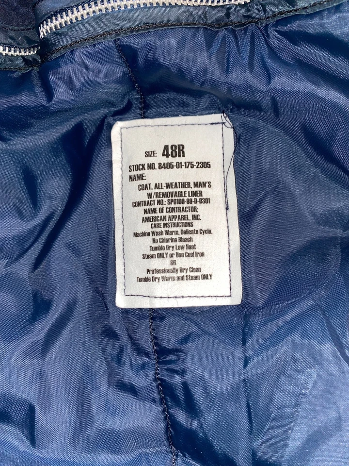 Gabardina militar DSCP para hombre 48R forro extraíble para todo clima azul hecha en EE. UU. Foto 3 de 4