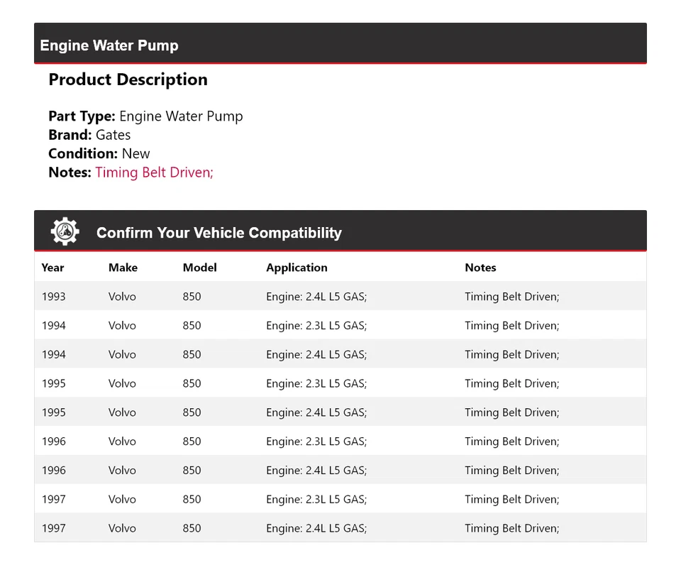 Puertas bomba agua motor Volvo 850 1993-1997 1994 1995 1996 Foto 2 de 4