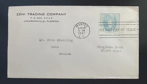 U.S - 1937 - VIRGINIA DARE FIRST DAY-MANTEO TO SWEDEN-COVER-J161