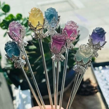5pc Natural fluorite carved rose hairpin quartz crystal reiki healing random