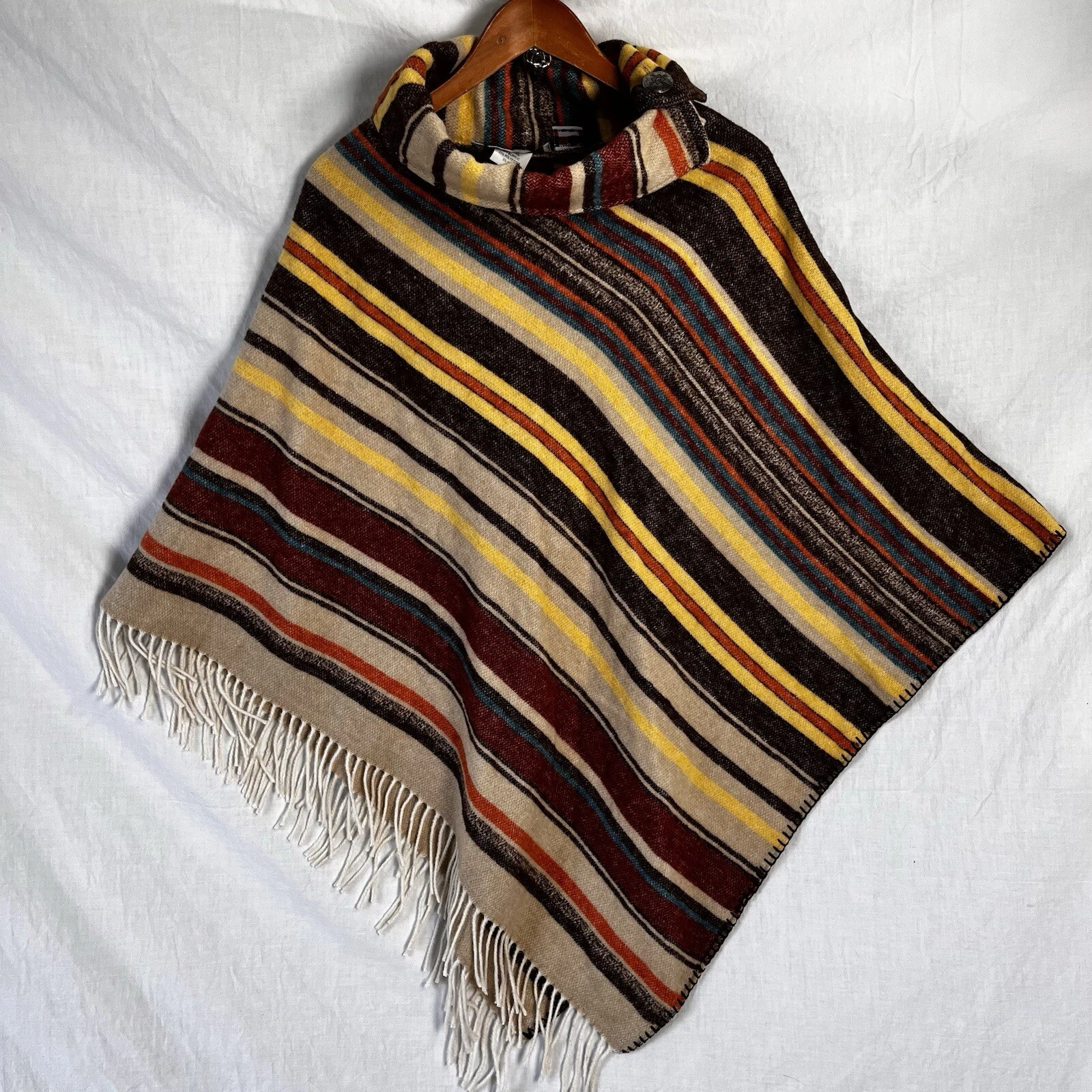 Rhonda Stark Poncho Wool Blend Brown Gold Aztec Vintage USA One Size Southwest