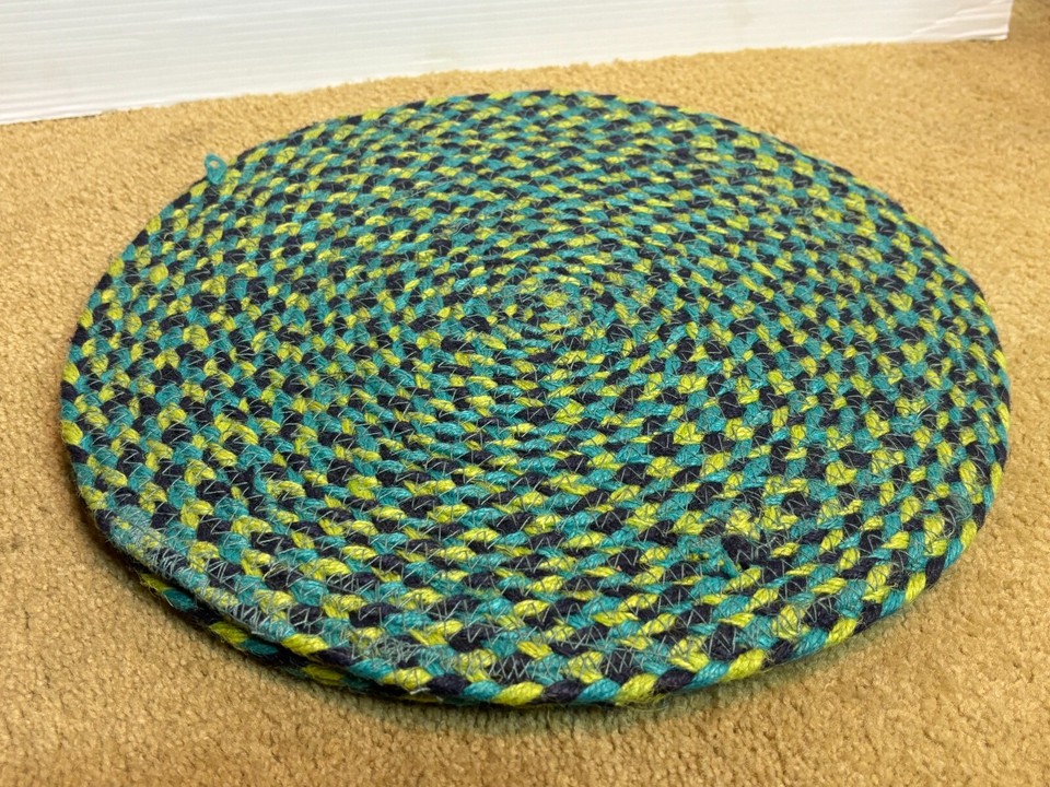 Set x 4 Braided Boho Farmhouse Placemat Woven Rag Round Circle Blue