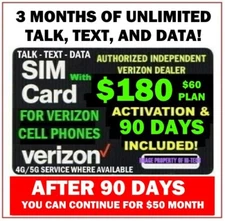 VERIZON SIM ✅ 3 MONTHS SERVICE ✅ UNLIMITED DATA & TALK & TEXT ✅ $180 VALUE!