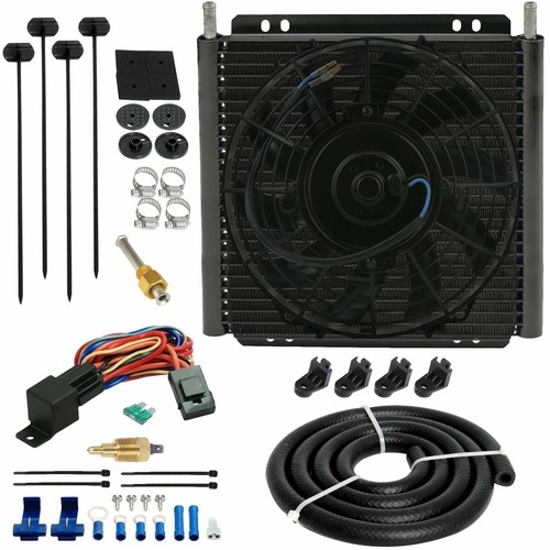26 ROW TRANSMISSION OIL COOLER 9" FAN 3/8" NPT PROBE 180F GROUND TEMP SWITCH KIT