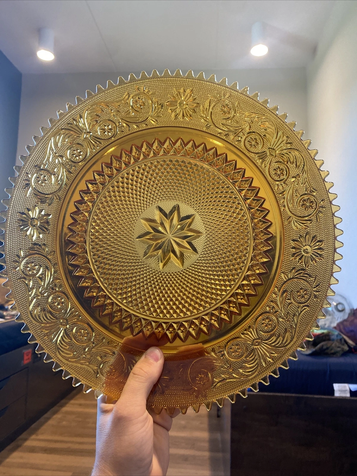 Vintage Beautiful Tiara Sandwich Amber Chantilly Cake Plate Serving Platter 12"