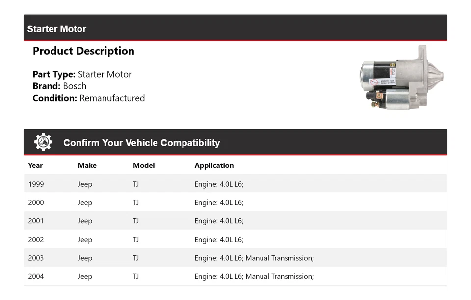 For 1999-2004 Jeep TJ 4.0L L6 Bosch Starter (Remanufactured) 2000 2001 2002 2003 - Изображение 2 из 4
