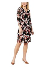 IMAN GlobalChic Women's Printed Mesh Surplice Dress w/Front Slit Black