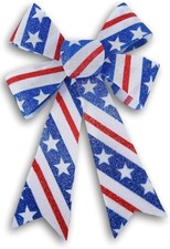 1 Patriotic Holiday Glittery Stars  Stripes Decorative Burlap Bow - 7.5 x 12.2