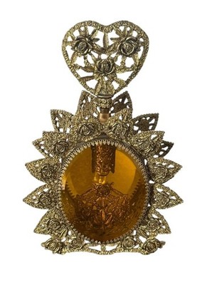 HOLLYWOOD REGENCY ORMOLU PERFUME BOTTLE BEVELED ROSE GLASS GOLD FILIGREE 9 