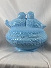 Vintage Hsinchu Blue Milk Glass Love Birds Covered Candy Dish Trinket Box 6”