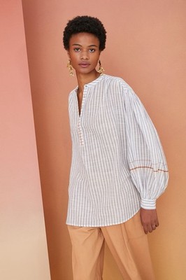 Ulla Johnson Damen Nour Gestreifte Weiße Baumwoll-Bluse mit Knöpfen, XL 10