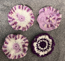  4 Purple White  Crochet  Doilies  Round  Coasters  Small  5"