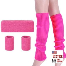 Ribbed Knitted Leg Warmers Sweatband Set 80s Neon Running One Size Rose Red877