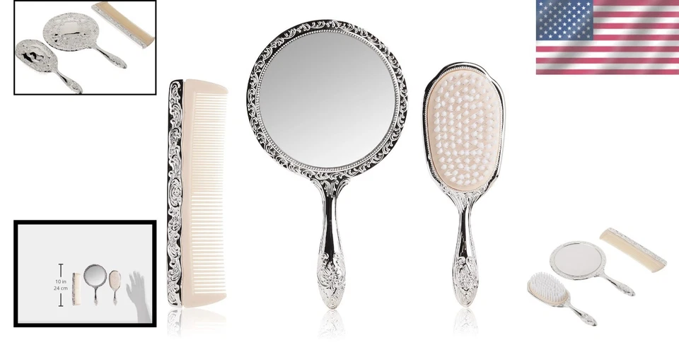 Lujoso juego de tocador plateado cromado de 3 piezas para niñas con peine, cepillo y espejo redondo Foto 2 de 4