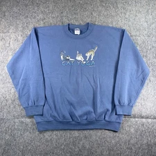 Vintage Cat Yoga Crewneck Sweatshirt Size Large Cotton Blue Grandma Cottage Core