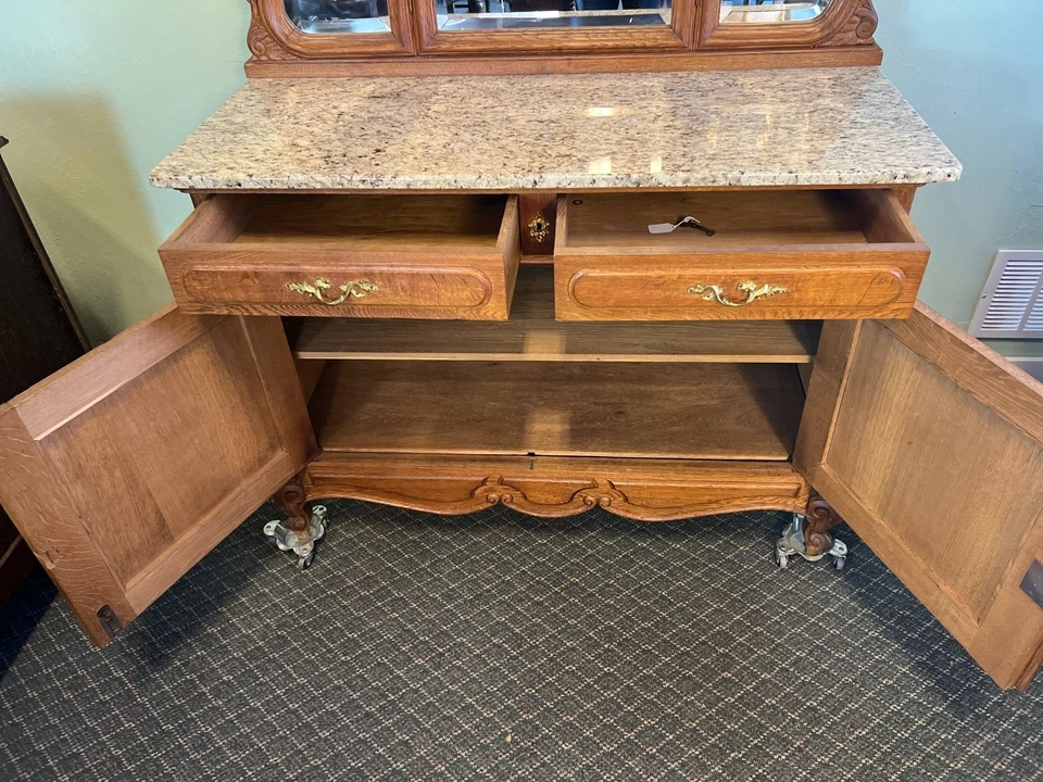 Cómoda vintage de roble belga con espejo y tapa de granito nueva Foto 4 de 4