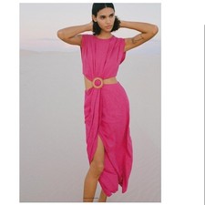 Women's Zara Pink Cut-Out Linen Blend Midi Dress S