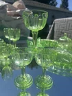 3 HOCKING COLONIAL KNIFE & FORK GREEN VASELINE DEPRESSION GLASS WATER GOBLETS