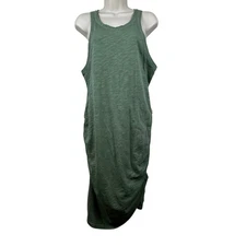 The Normal Brand Dress Slub Knit Tulip Sleeveless Rouching Fern Green L Beachy