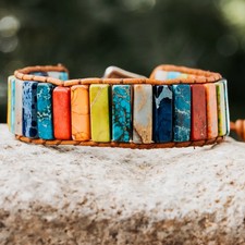 Natural 7 Chakra Retro Jasper Healing Beaded Bracelet Cuff Bangle Party Gift