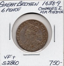 Great Britain Charles I Sixpence 1638-9 MM Anchor S2860 - VF+