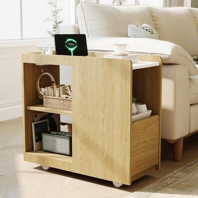 Farmhouse Rolling Side Table: Charging Station, 2 AC+USB-C, Drawer, Lock Wheels