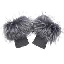 Women Faux Fur Leg Warmers Short Furry Fuzzy Boot Cuffs Toppers Grey With Tips