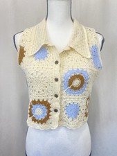 Rebellion Crochet Vest Crop Knit Top MED Granny Square Cottagecore Boho Festival