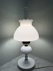 Vintage White Milk Glass Hobnail Hurricane Table Lamp Ruffled Shade Cottage 18”