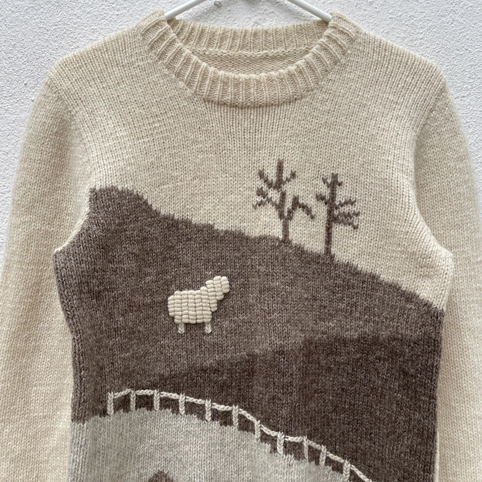 Jersey de lana hecho a mano para mujer pequeño 36 marfil tostado suéter cuello redondo cordero arte boho Foto 3 de 4
