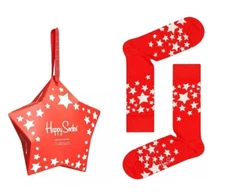 Happy Socks Red Star Crew Socks 1-Pack Gift Set Adult Size 8-12 Stars Christmas